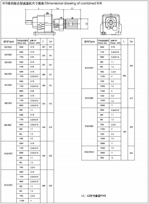 R/R系列組合型減速機(jī)尺寸圖表